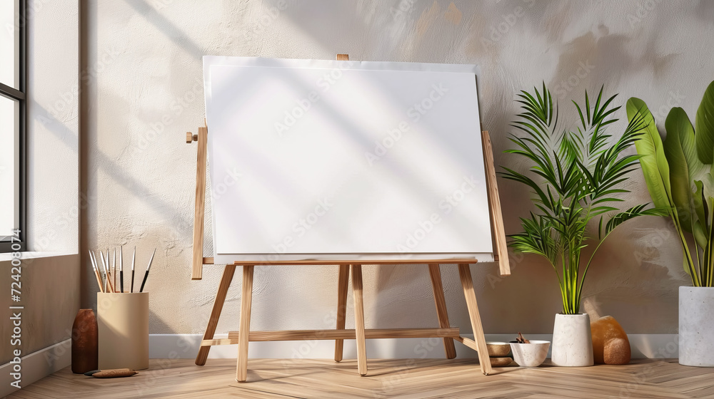 Wooden easel with a blank canvas in the interior with a window and green plants Wooden easel with a blank canvas in the interior with a window and green plants