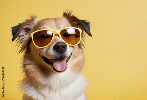Closeup portrait of smiling dog in fashion sunglasses. Funny pet on a bright yellow background with copy space. Puppy in eyeglasses. Fashion, style, cool animal summer concept. © SR07XC3