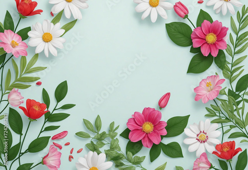 Beautiful flowers with leaves on light background. Top view. Generative AI © SR07XC3