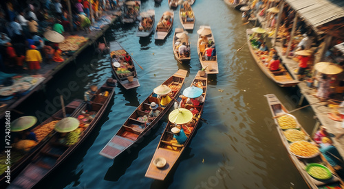 Beautiful image of popular Thailand landmark destination floating market on the calm river water. Sellers offering fruits and vegetables to locals and tourists. Exotic vacation and traveling concept. photo