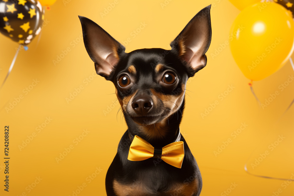 A black and brown chihuahua with a yellow bow tie is sitting on the yellow background.
