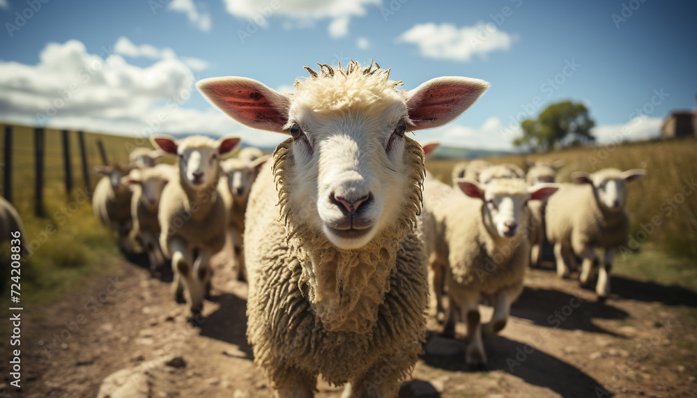 Obraz premium Cute sheep grazing in green meadow, farmer looks at camera generated by AI