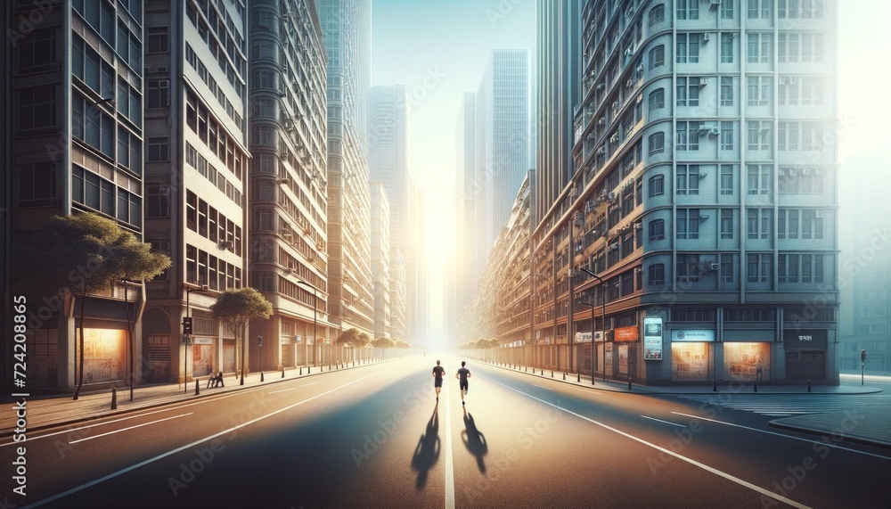 Deserted urban street at sunrise with modern architecture and a solitary couple walking down the center, surrounded by towering skyscrapers.
