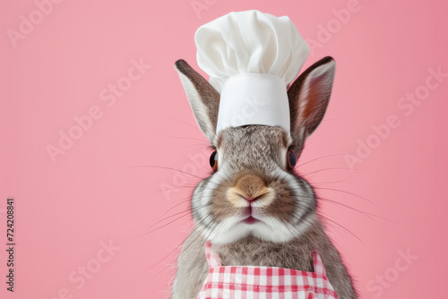 Cool bunny wearing chef uniform. Rabbit chef with hat in kitchen. Funny Bunny chef with a white hat on a pink background. easter bunny. fabulous Easter card