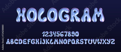 3d holographic liquid font in y2k style isolated on a dark background. Render of 3d neon inflated iridescent alphabet and numbers with rainbow effect. 3d vector y2k hologram set of letters.