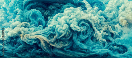 Abstract sky of swirling white and deep blue clouds.