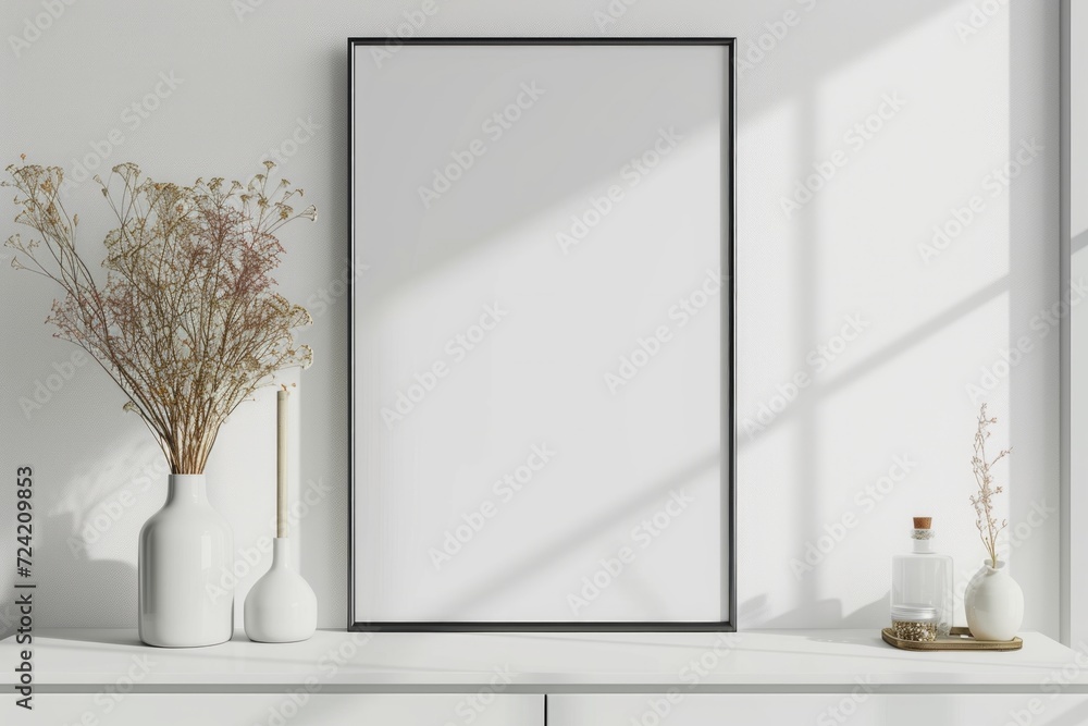 a white cabinet hangs below a blank poster frame a white cabinet hangs below a blank poster frame