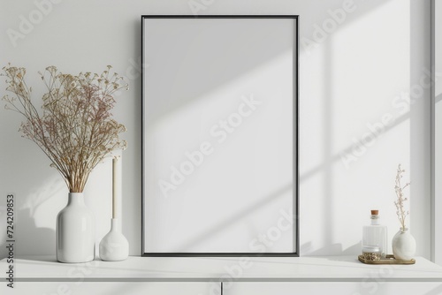 a white cabinet hangs below a blank poster frame