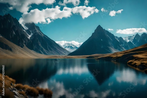 A vast landscape where a peaceful lake in the heart of a mountainous region, the distant peaks rising majestically against a backdrop of a wide, open sky