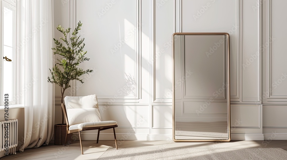 a beautiful room interior adorned with a leaning floor mirror, reflecting the space and adding depth and sophistication to the decor. a beautiful room interior adorned with a leaning floor mirror, reflecting the space and adding depth and sophistication to the decor.