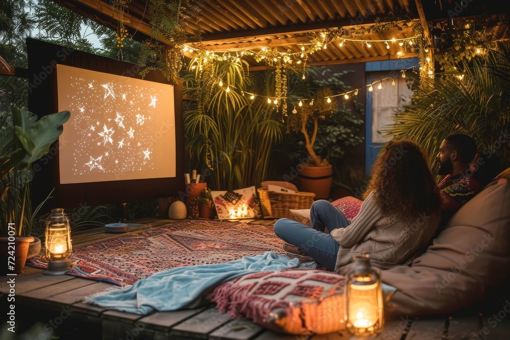 A woman dressed in stylish clothing sits peacefully on a cozy patio, surrounded by indoor plants and flickering candles, as she gazes up at the beautiful ceiling above