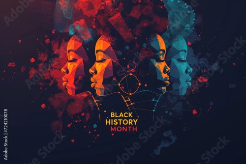 colorful geometric profiles on blue background for Black History Month Generative AI photo