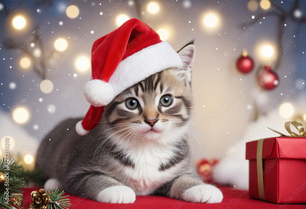 Cute little kitten in Santa hat on Christmas background. Adorable cat on blured background. Xmas cat illustration. Generative AI Cute little kitten in Santa hat on Christmas background. Adorable cat on blured background. Xmas cat illustration. Generative AI