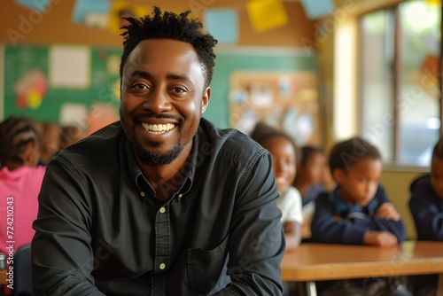 Smiling black teacher standing in front of the class