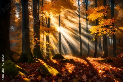 A vivid morning in a dense forest during autumn. Sunbeams break through the foliage, creating a magical, dappled light effect on the forest floor. The air is cool and invigorating.