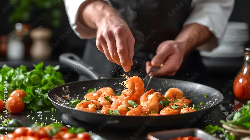 Close-up of hands cooking shrimp with veggies in a sizzling pan, steam rising, dark background.