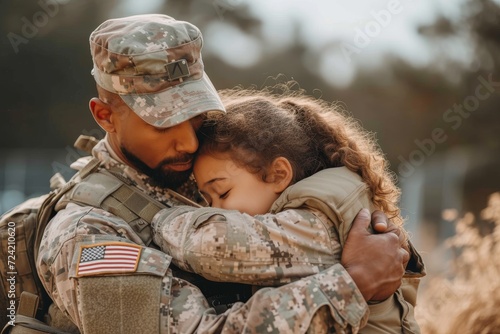 A soldier in military camouflage embraces a toddler in their uniform, showing the humanity and love behind the stoic exterior of the army