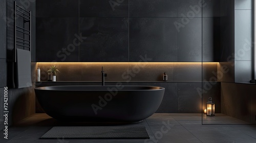 a black minimalist bathroom interior  with clean lines  minimal decor  and subtle lighting  emphasizing simplicity and modernity.