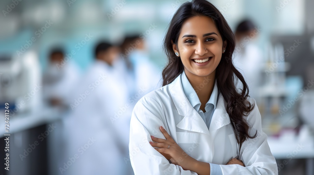 Smiling attractive female doctor in white coat in a laboratory with colleagues in the blurred background - obrazy, fototapety, plakaty 