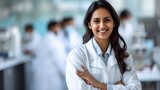 Indian female research scientist in a white coat in a laboratory with colleagues in the blurred background