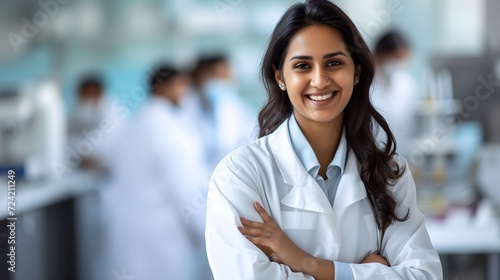 Indian female research scientist in a white coat in a laboratory with colleagues in the blurred background photo