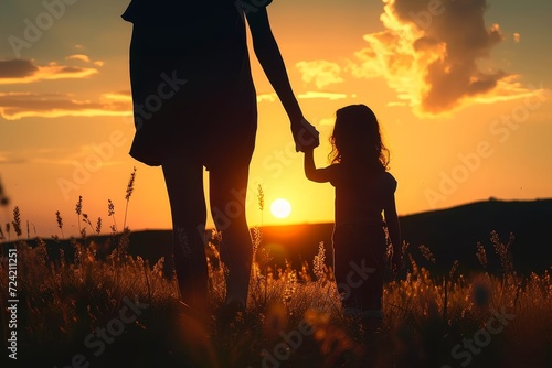 A mother and child stand hand in hand, their silhouettes cast against the golden sky as they bask in the warm glow of the setting sun, surrounded by the lush grass and vibrant plants of a summer fiel
