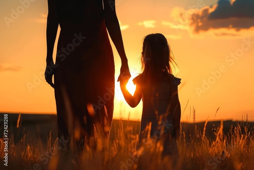 A peaceful mother and child bask in the golden glow of a breathtaking sunset, their silhouettes standing tall amidst the vastness of the open field, a symbol of the beauty and bond found in the simpl