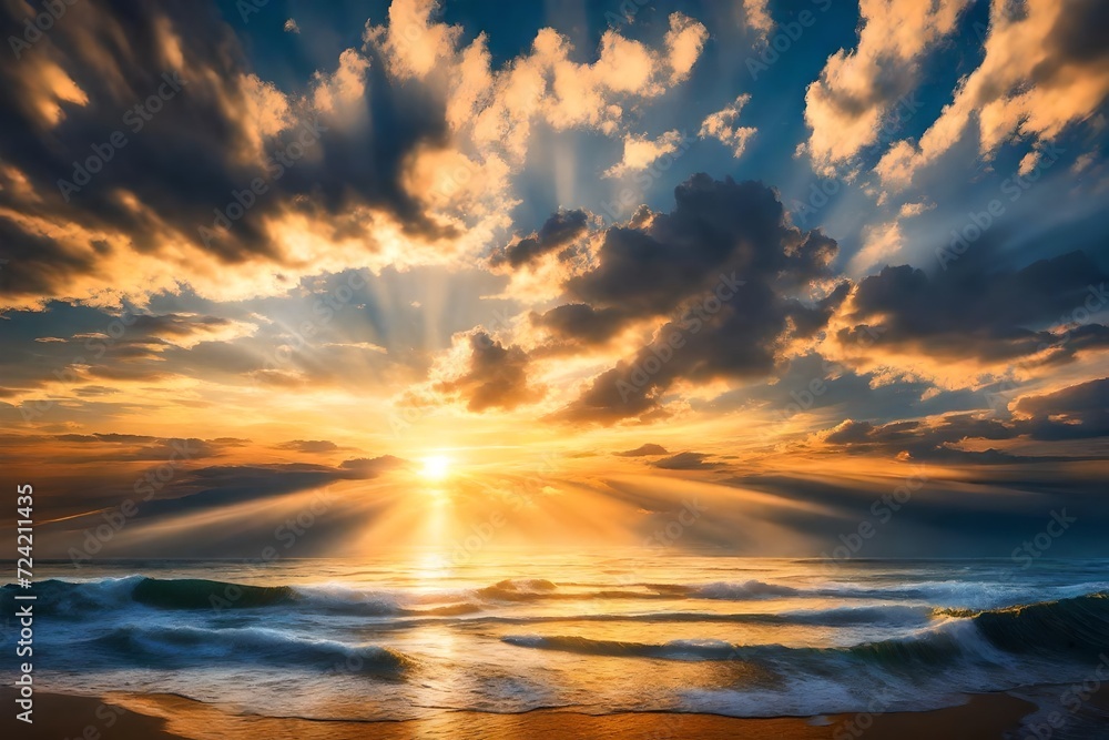 The sun ascending over the sea, its rays breaking through the morning clouds, casting a radiant glow on the water, the whole scene a symphony of natural beauty