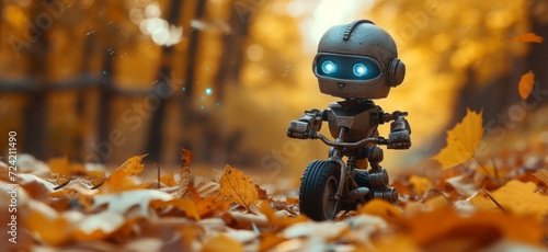 a tiny metal robot riding a toy bike in autumn