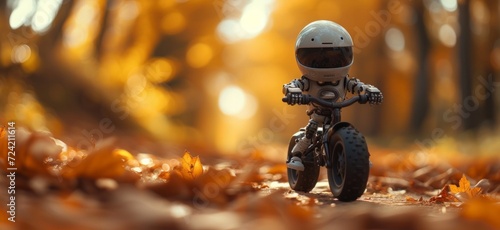 a tiny metal robot riding a toy bike in autumn