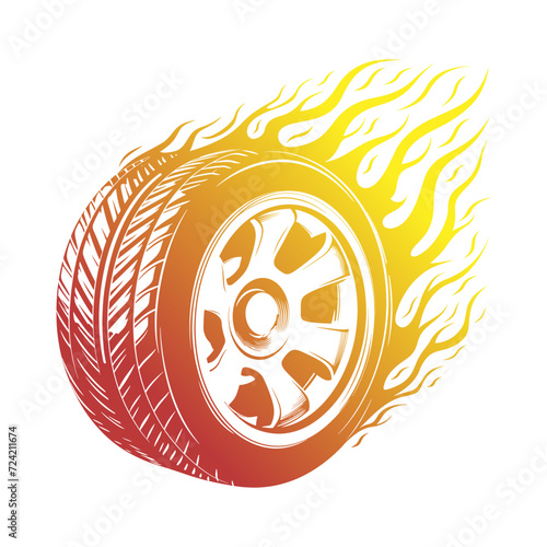 Wheel in Flames Illustration Clip Art Design Shape. Tire Fire Silhouette Icon Vector.