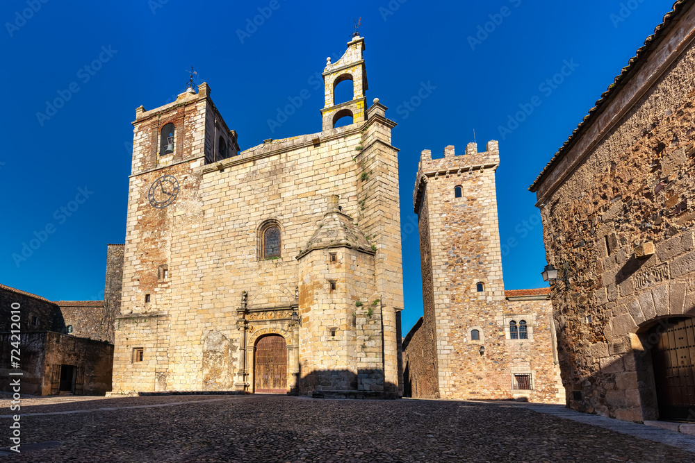 Facade of the church of San Mateos in the historic center of the medieval city of Caceres, Spain.