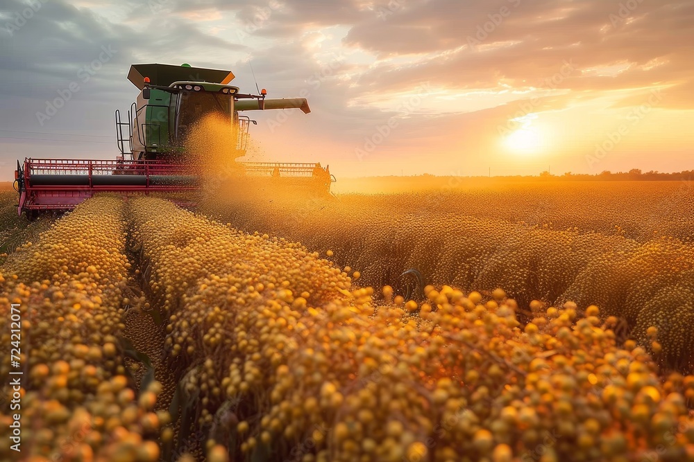 Fototapeta premium As the golden sun sets over the vast landscape, a powerful farm machine diligently harvests the rich crops, bringing in the bounty of the summer season