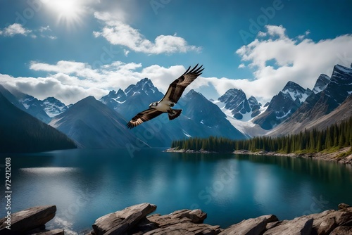 A lone osprey circling high above a mountain lake, its keen eyes searching the waters below, the surrounding peaks standing tall against the sky