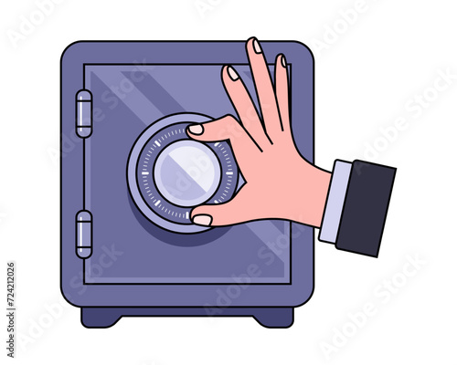 open the safe by hand. crack a safe with money. flat vector illustration.