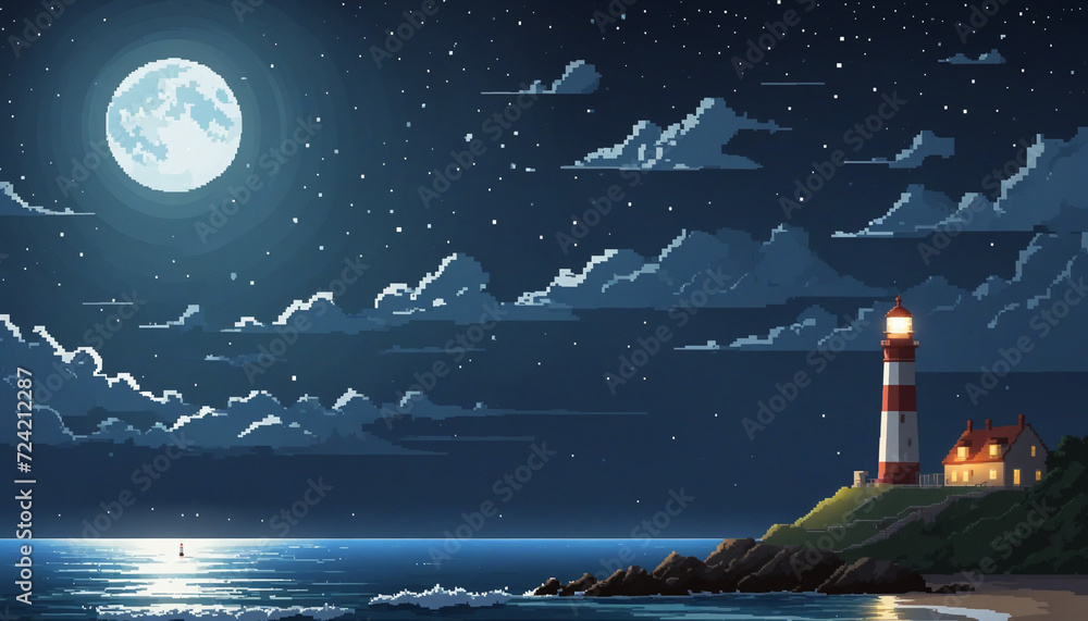 Moonlit beach and a lonely lighthouse in the style of pixel art with atmospheric clouds dark sky-blue and gray