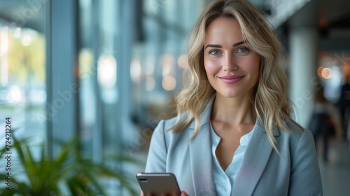 A Successful Businesswoman Portrait Captured Indoors, Standing Proudly with her Smartphone