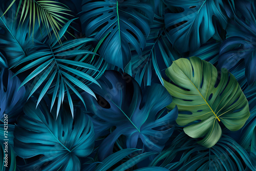 tropical pattern with turquoise leaves on blue background vector illustration tropical leaves in the grass  tropical jungle  tropical jungle design  in the style of dark navy and dark green