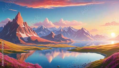 Sunrise on a colorful and surreal fantasy landscape with mountains in the distance  illustration