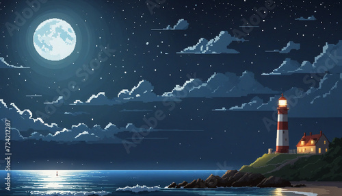 Obraz na płótnie Moonlit beach and a lonely lighthouse in the style of pixel art with atmospheric clouds dark sky-blue and gray w salonie
