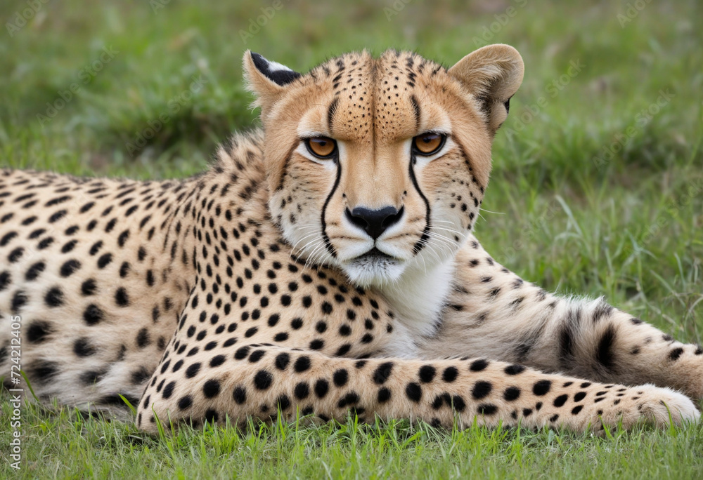 Close-up of cheetah, Acinonyx jubatus, lying down staring into camera. Wildlife animal oudoors on its natural habitat. Ai generative Close-up of cheetah, Acinonyx jubatus, lying down staring into camera. Wildlife animal oudoors on its natural habitat. Ai generative