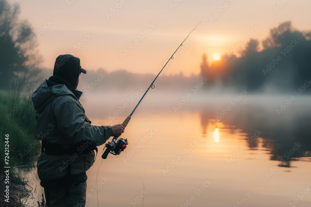 A skilled fisherman casts their line against the colorful backdrop of a sunrise over the serene lake, eagerly anticipating their next catch in this classic outdoor sport A skilled fisherman casts their line against the colorful backdrop of a sunrise over the serene lake, eagerly anticipating their next catch in this classic outdoor sport