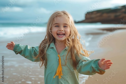 A young girl stands on the sandy beach, her smile reflecting the joy of the clear blue sky and crashing waves of the ocean, her clothing and human face blending seamlessly into the tranquil outdoor s photo