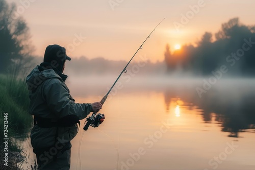 A skilled fisherman casts their line against the colorful backdrop of a sunrise over the serene lake, eagerly anticipating their next catch in this classic outdoor sport