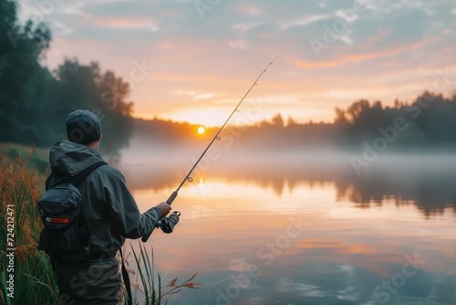 A solitary fisherman casts his line into the calm waters of the lake, surrounded by the beauty of nature and the peacefulness of outdoor recreation, as the sky shifts from vibrant sunset hues to the 