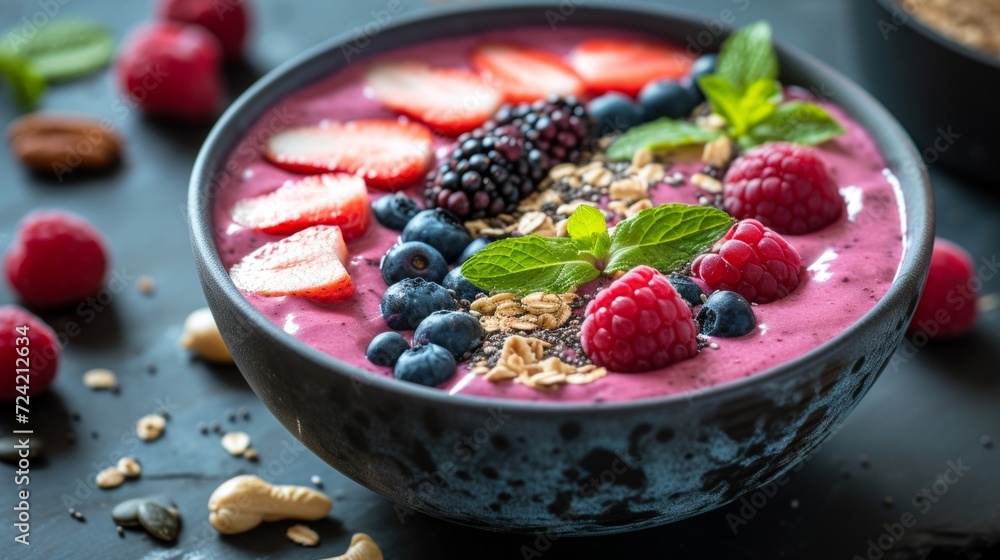A vibrant and nutrient-packed smoothie bowl adorned with an assortment of superfoods like berries A vibrant and nutrient-packed smoothie bowl adorned with an assortment of superfoods like berries