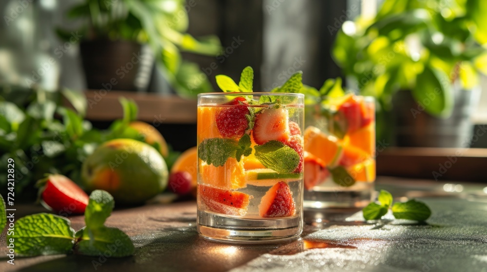 A snapshot of a table set with refreshing infused water, fresh fruits A snapshot of a table set with refreshing infused water, fresh fruits