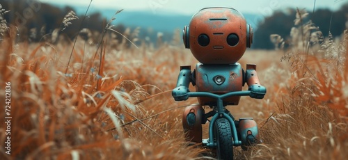 a tiny metal robot riding a toy bike in autumn