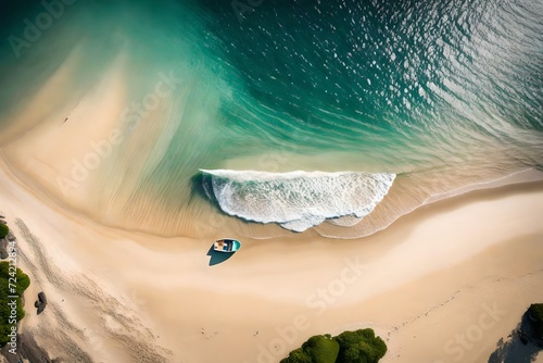A stunning aerial view of a beach with gentle waves lapping at the shore and a solitary boat floating nearby  capturing the essence of summer from above