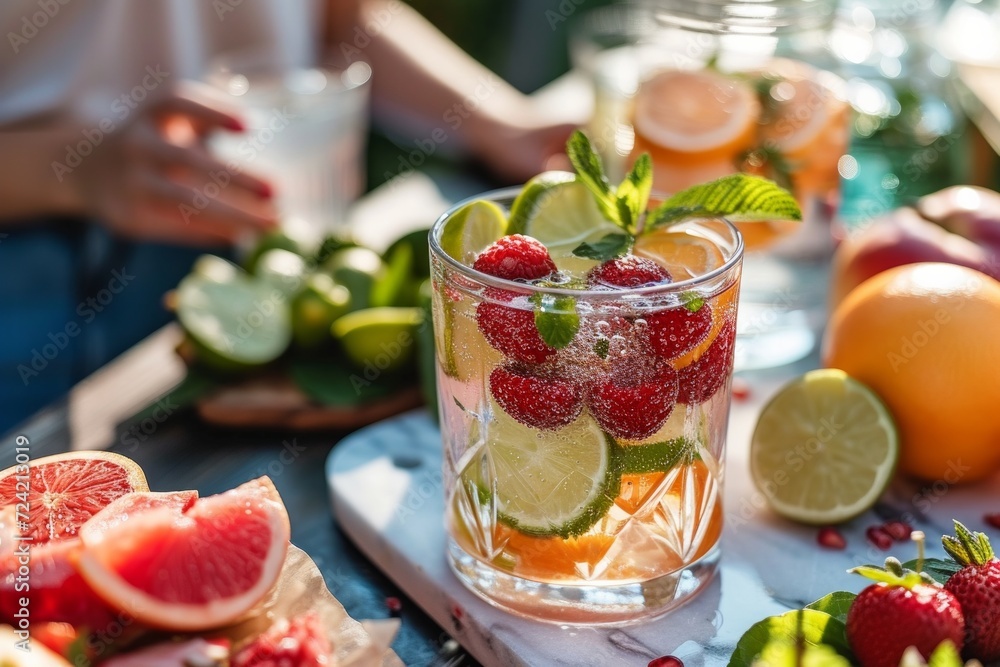 A snapshot of a table set with refreshing infused water, fresh fruits A snapshot of a table set with refreshing infused water, fresh fruits